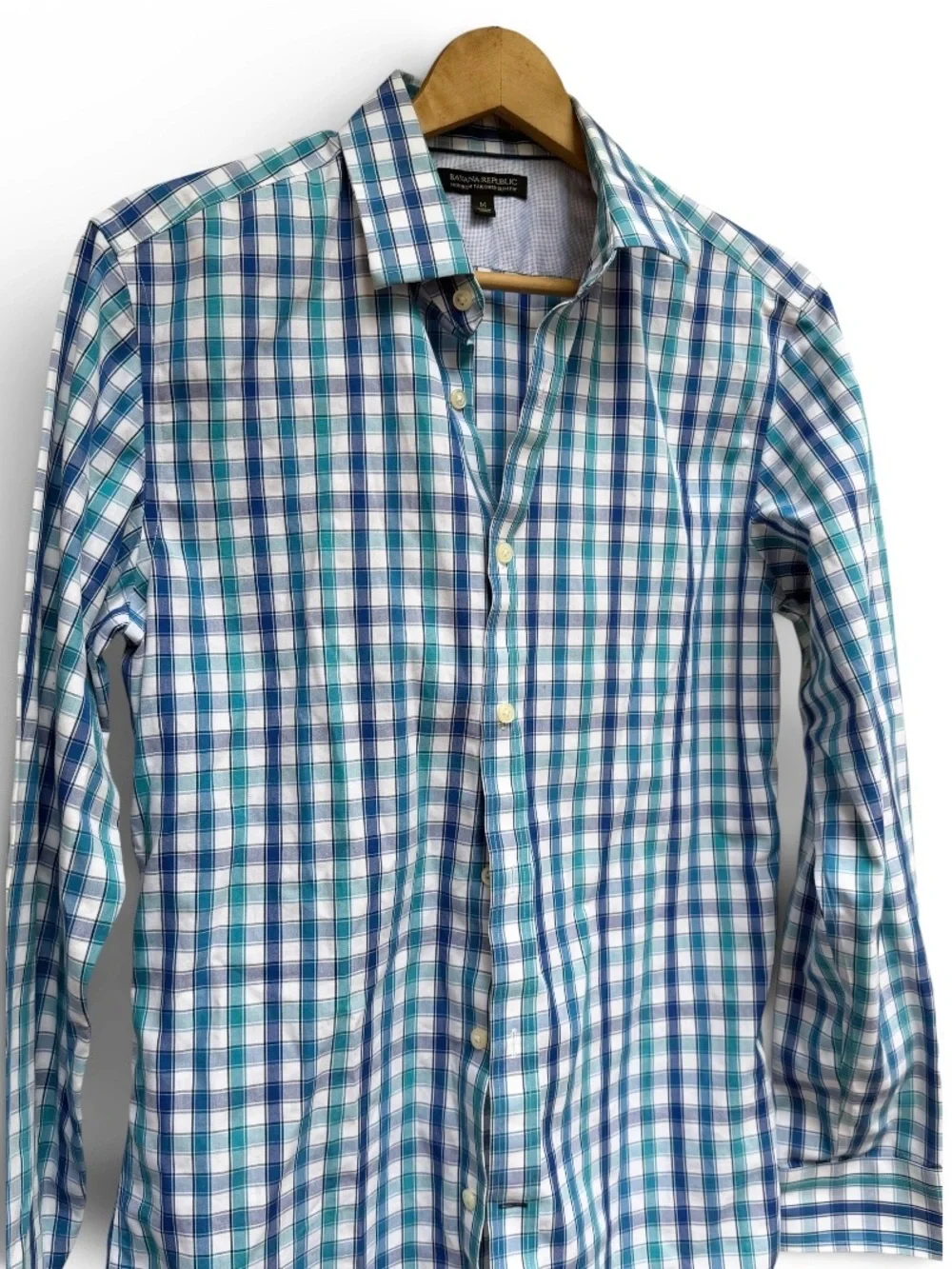 Banana Republic Green Blue White 100% Cotton Casual Shirt Slim Fit Medium